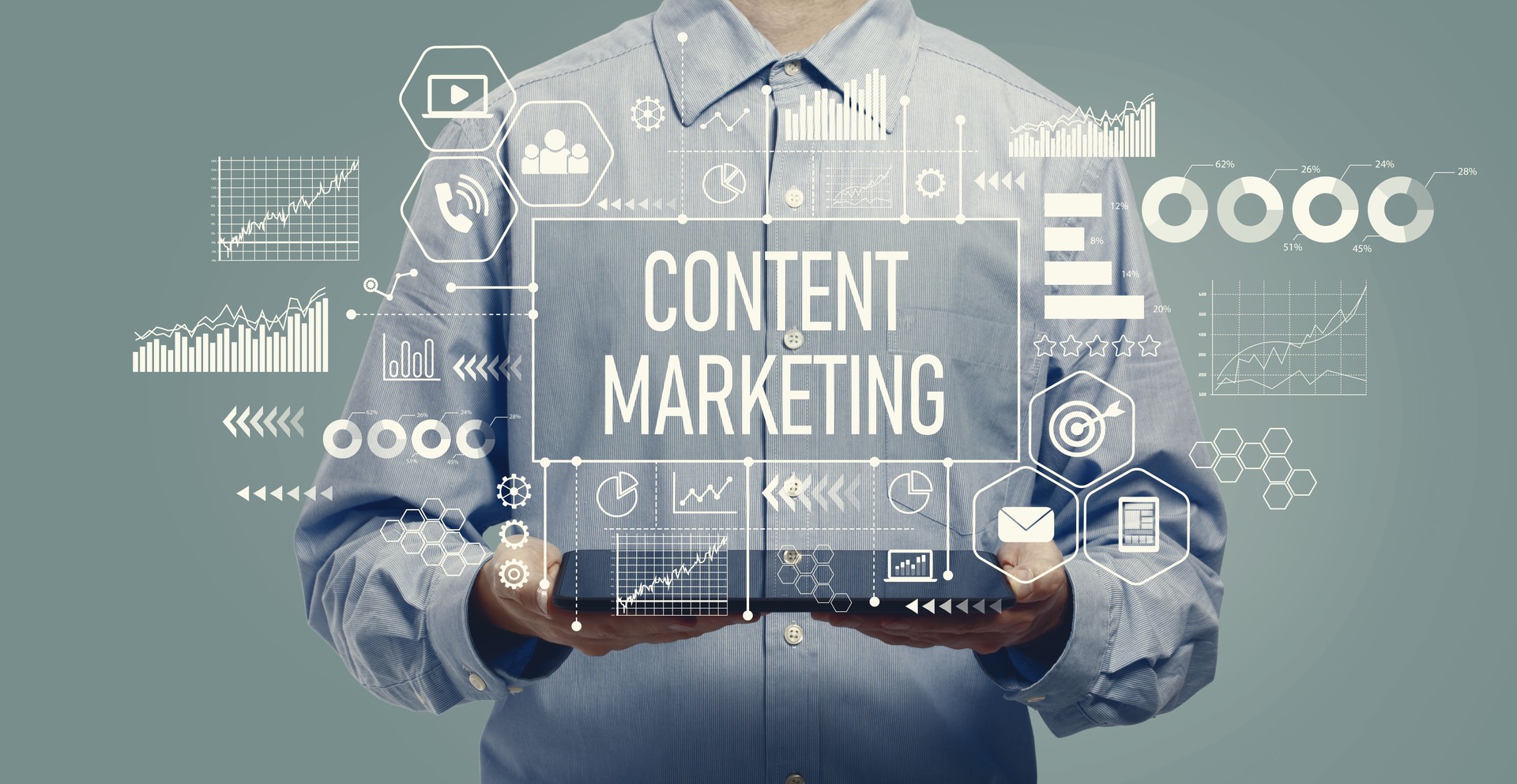 Content marketing concept with man holding a tablet