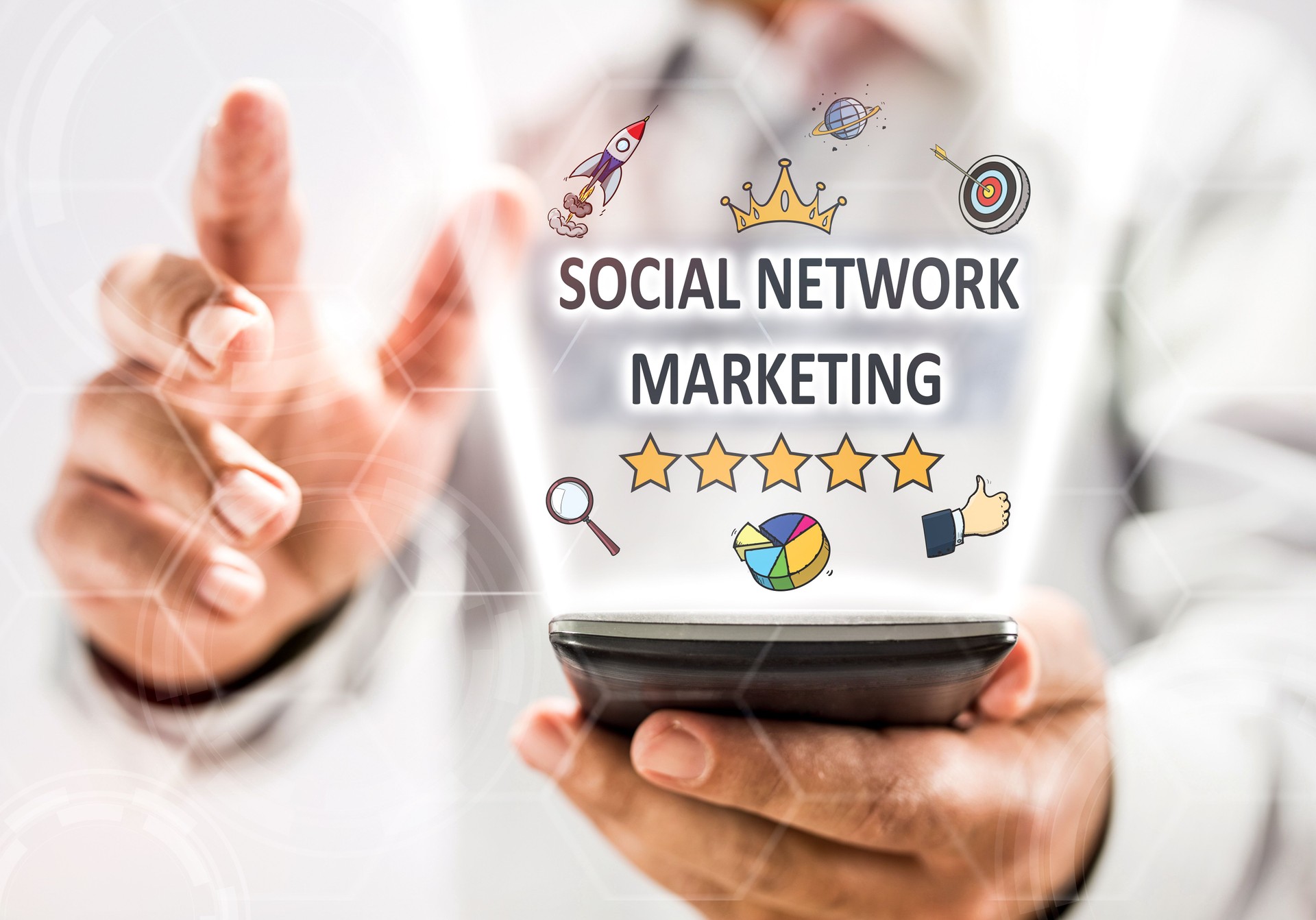 Social Media Marketing Concept With Smart Phone On Businessman's Hand